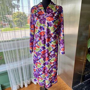Vintage 1970s robe, bold purple, orange green blue floral, nylon house dress